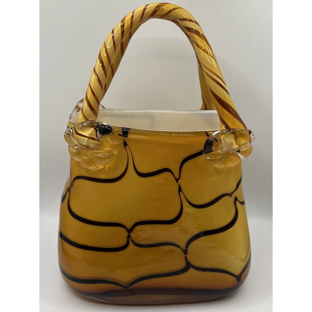 VNTG Hand Blown Glass Art Amber Brown Purse Murano Style  11’T X 6’W X 5D